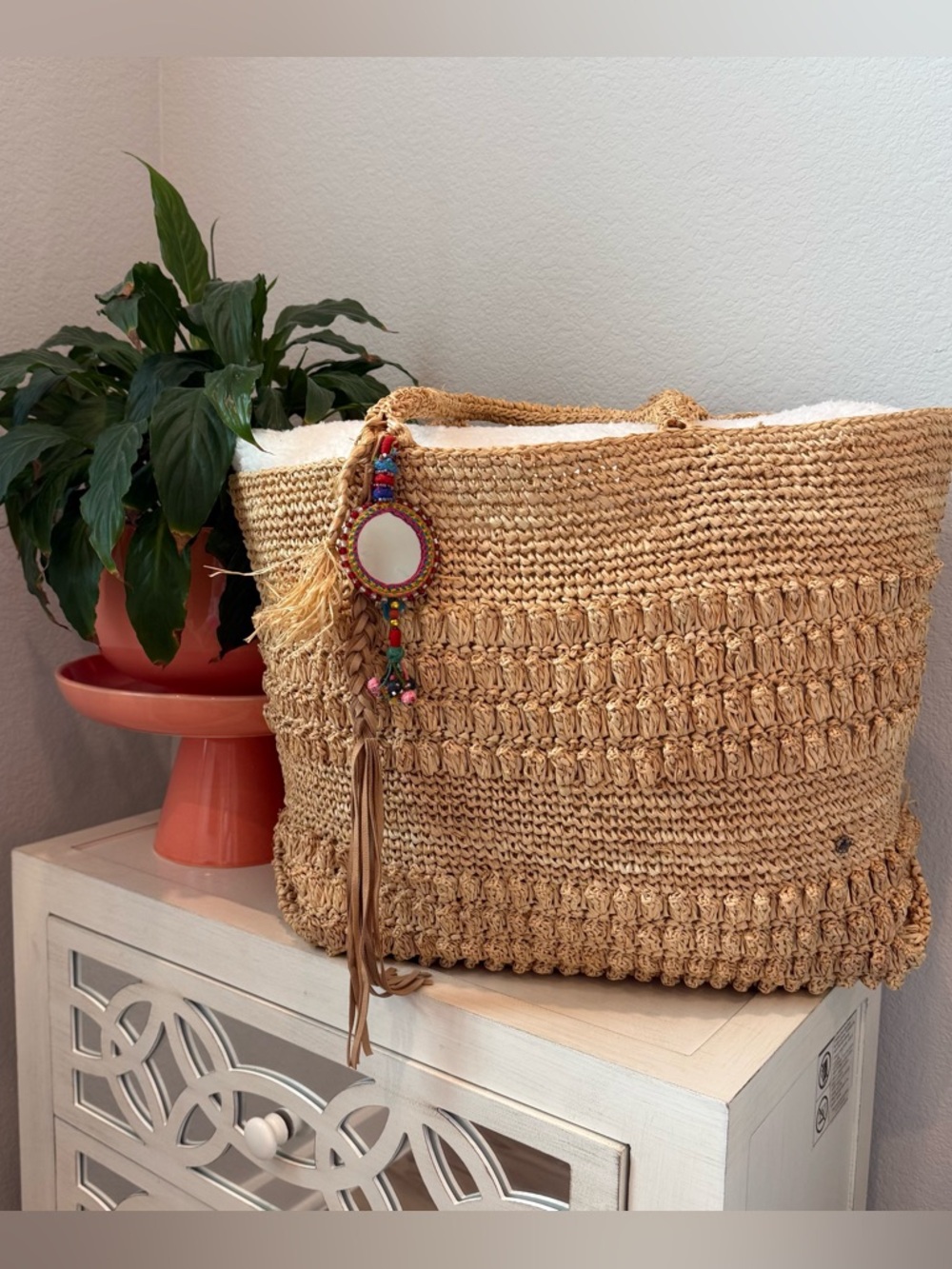 Florabella Luxury Woven Straw Beach Tote Bag with Tassel Charm - Natural